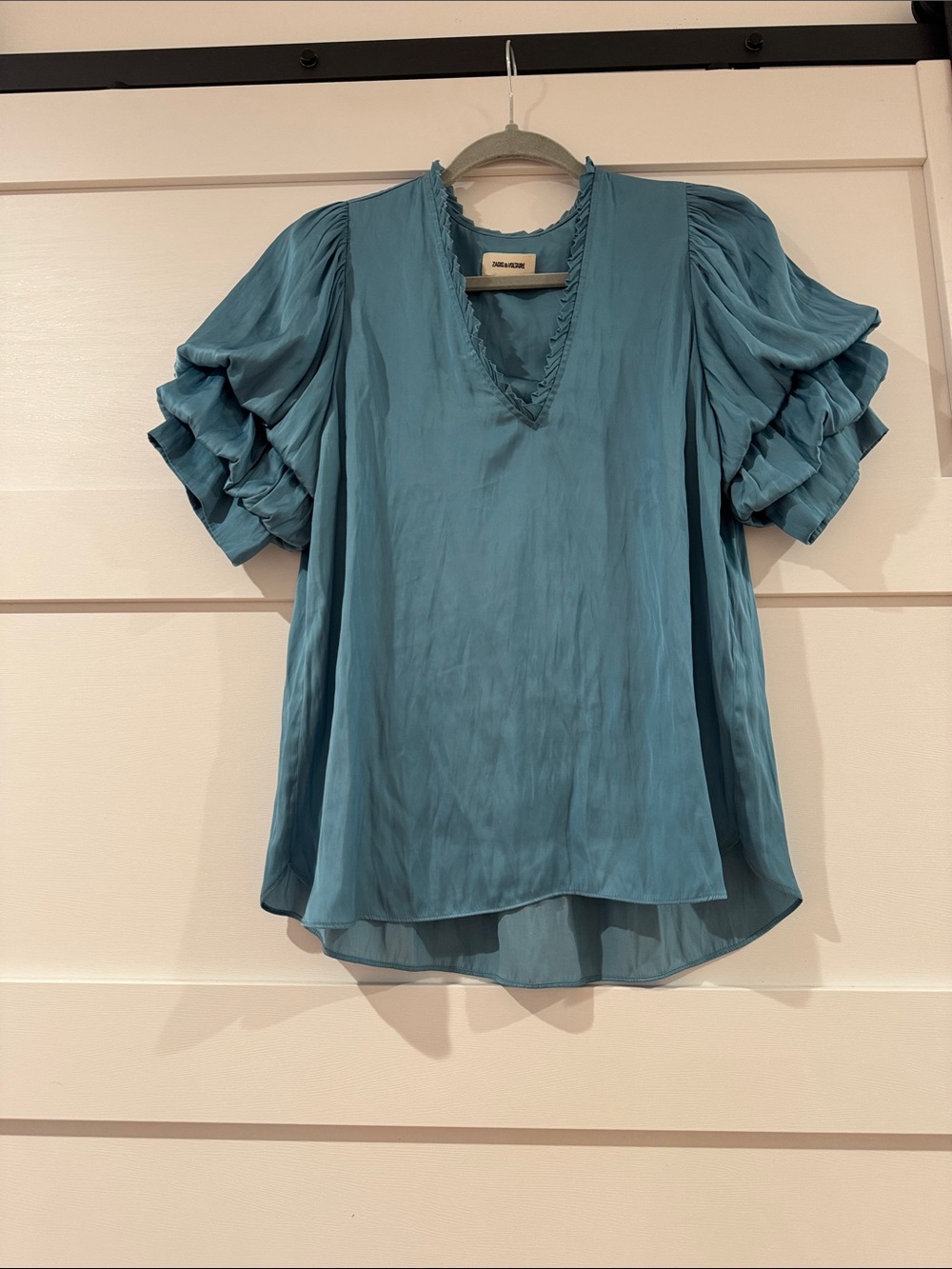 Zadig & Voltaire Satin Teal Blue Ruffle-Sleeve V-Neck Blouse